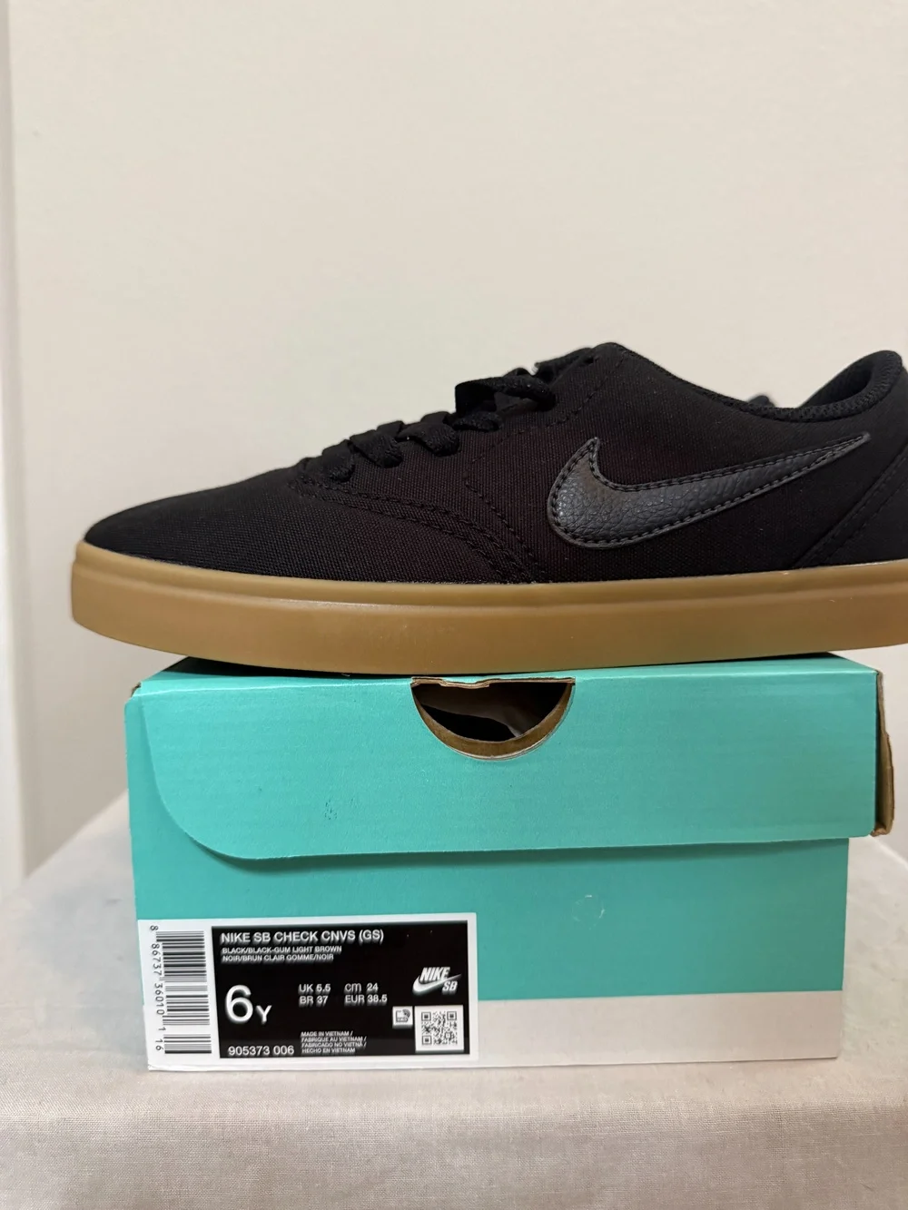 Nike SB Check Canvas GS Black Gum Skate Shoes Size 6Y
